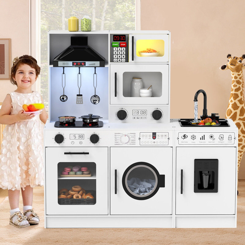 Joyldias Wooden Kids Play Kitchen Set With Circulating Sink Movable Pretend Toddler Kitchen Toy With Real Sound And Light Oven Washing Machine Reviews Wayfair